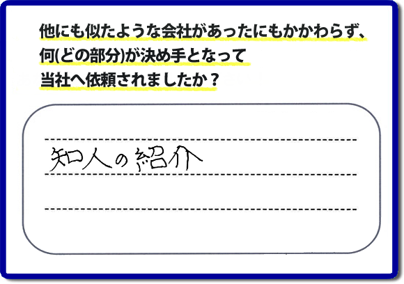 口コミ評判１３　知人の紹介。　当社にはリピーターさまをはじめ、ご依頼いただいたお客様からのご紹介により、ご依頼をしてくださる方々もたくさんいます。お客様からの評判が次の依頼者さまへの架け橋へ。また、当社へはたくさんの口コミコメントもいただいています。電話の対応、信頼できる、安心して任せらる便利屋・何でも屋として「【便利屋】暮らしなんでもお助け隊 福岡平尾店」（福岡）へご依頼をいただき続けて２０年。家丸ごと片付け、不用品片付け、ハウスクリーニング、リフォーム、ちょっとした作業でも構いませんので、まずはお電話ください。福岡で口コミ評判一番の何でも屋、【便利屋】暮らしなんでもお助け隊 福岡平尾店