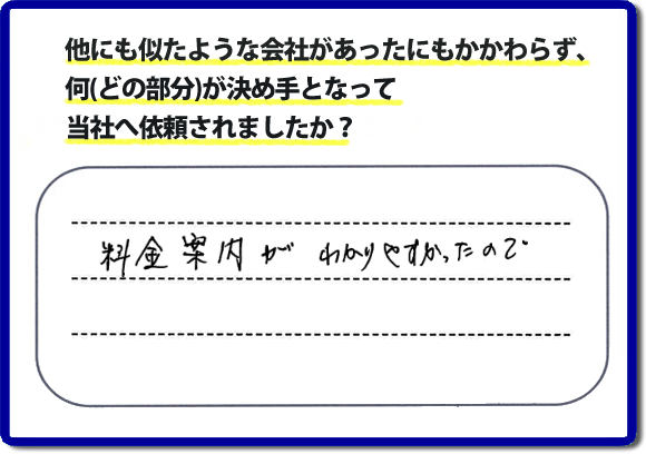 口コミ５　料金案内がわかりやすかったので。当社では、不用品片付け、お掃除、修理、などすべての作業において、お問い合せ時には費用の目安をお伝えして、現地では再度お見積り行いお客様のご承諾をいただいてから必ず作業を行っています。安心と信頼の何でも屋・便利屋なら「【便利屋】暮らしなんでもお助け隊 福岡平尾店」（福岡）へお電話ください。ホームページではたくさんのクチコミ・評判のお客様の声・笑顔を掲載しています。ぜひご参考にしてください。