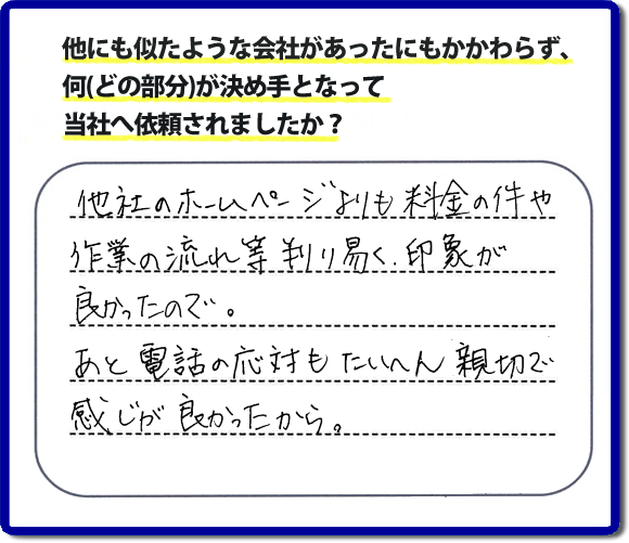 口コミ評判２２　「他社のホームページよりも料金の件や作業の流れ等が判り易く、印象が良かったので。あと電話の応対もたいへん親切で感じが良かったから。」と糟屋郡志免町のお客様よりたいへんうれしいお褒めのメッセージをいただきました。便利屋【便利屋】暮らしなんでもお助け隊 福岡平尾店（福岡）では、福岡一番の口コミ評判のメッセージを掲載しています。お家の片付けで困ったときは、何でも屋・便利屋【便利屋】暮らしなんでもお助け隊 福岡平尾店へお電話下さい。